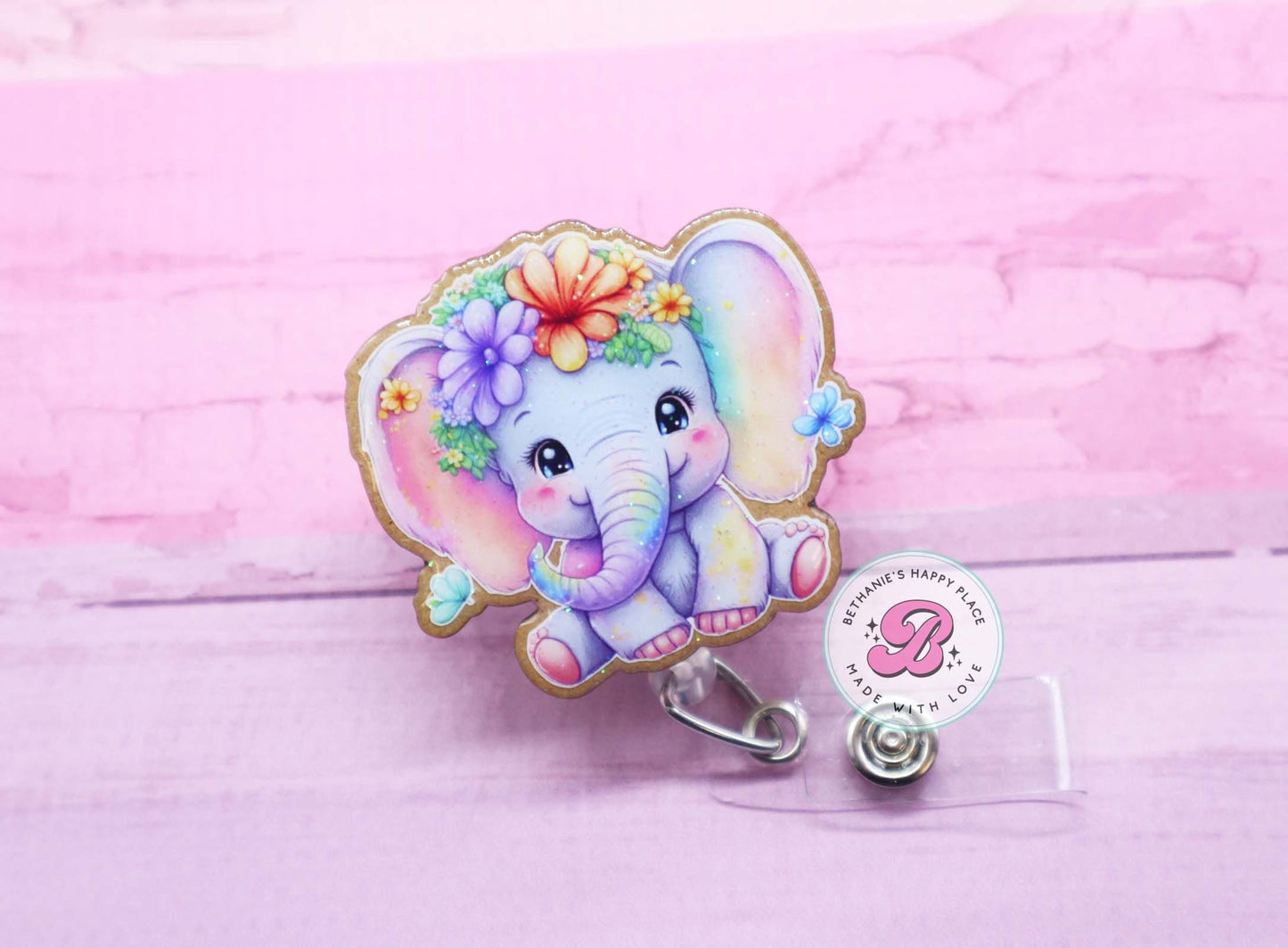 Baby elephant badge reel, floral elephant badge holder, colorful baby elephant, elephant gifts, nurse badge reel, medical ID badge holder