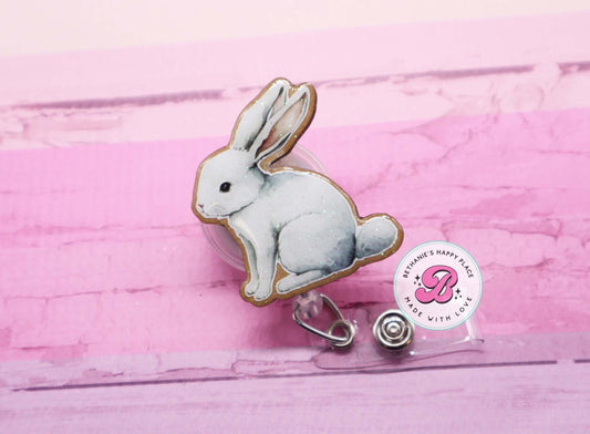 Bunny rabbit badge reel, rabbit badge holder, rabbit gifts, white rabbit badge clip, ID holder, lanyard, Easter badge reel, nurse badge clip