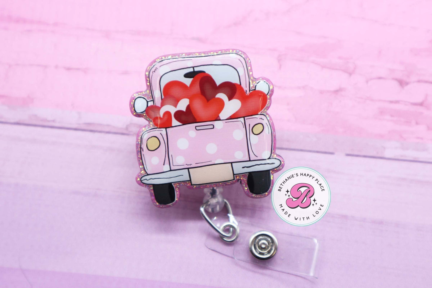 Valentine's Day truck badge reel, pink truck badge reel, heart truck badge holder, nurse badge holder, ID holder, truck lanyard