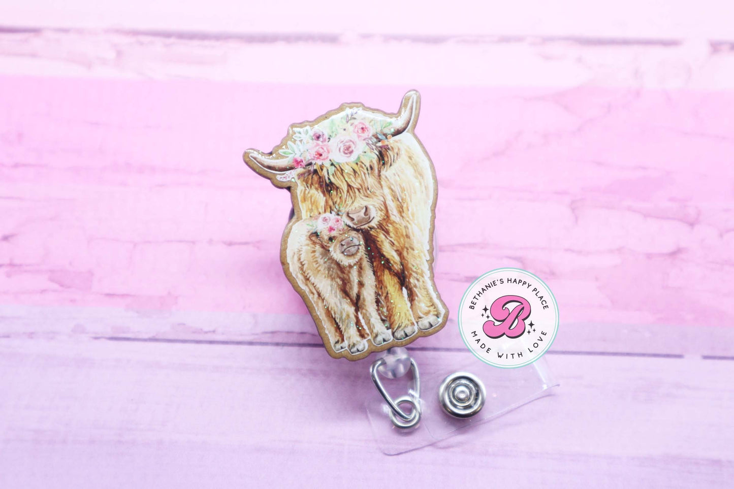 Baby highland cow badge reel, cow badge holder, pediatric badge reel, nurse badge reel, retractable ID holder, cute badge clip