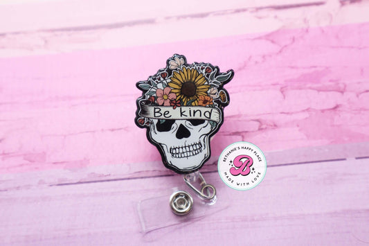 Be kind skull badge reel, floral skull badge reel, skull badge holder, badge reel nurse, skull gifts, retractable badge reel, skull lanyard