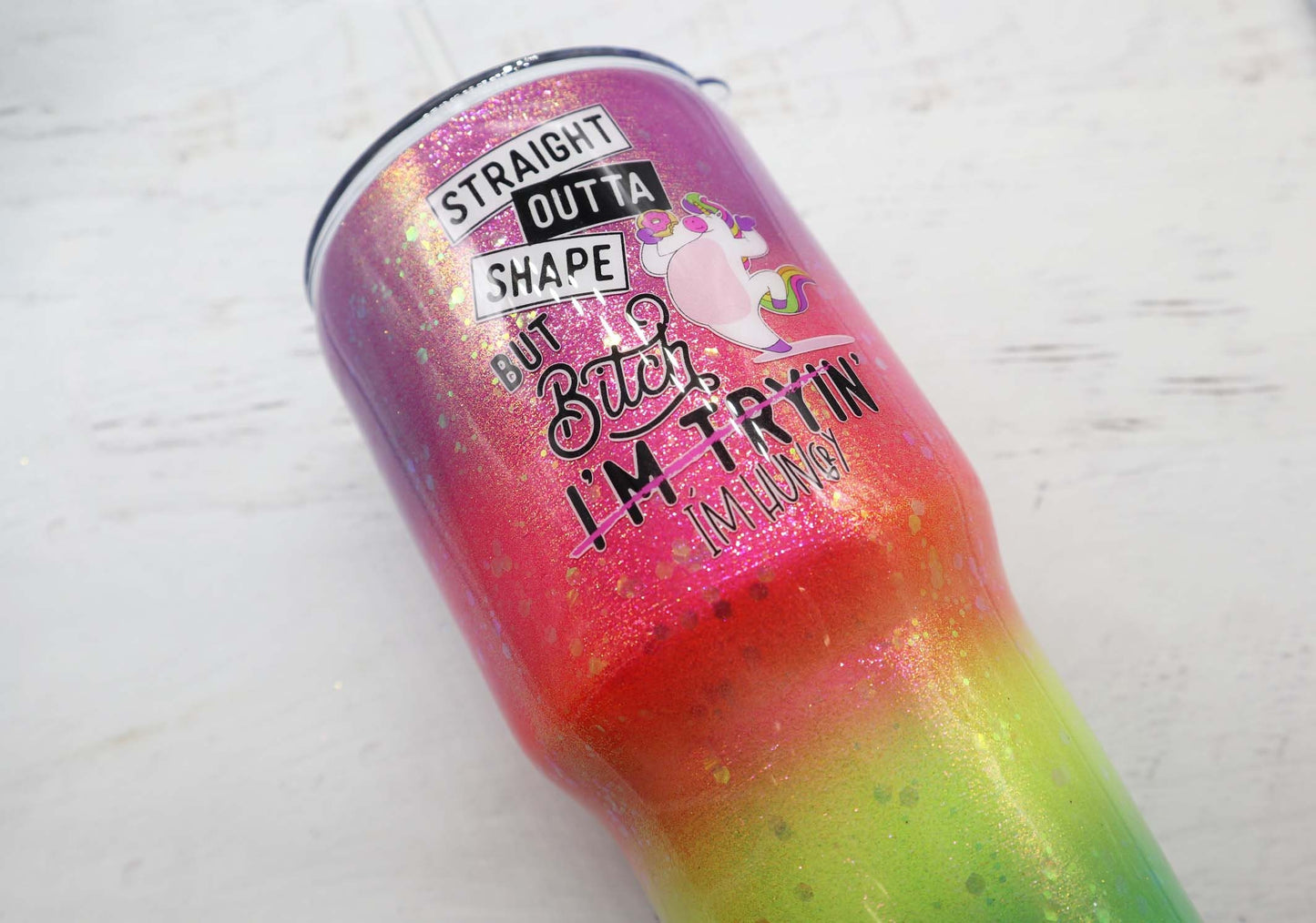 READY TO SHIP 30oz funny rainbow glitter tumbler - funny workout gifts - rainbow unicorn glitter tumbler - straight outta shape