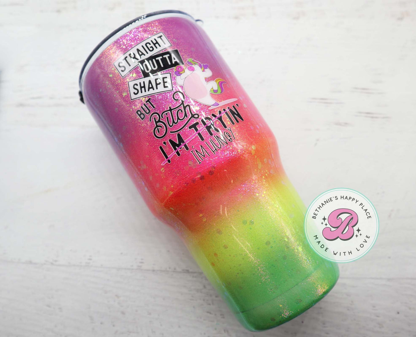 READY TO SHIP 30oz funny rainbow glitter tumbler - funny workout gifts - rainbow unicorn glitter tumbler - straight outta shape