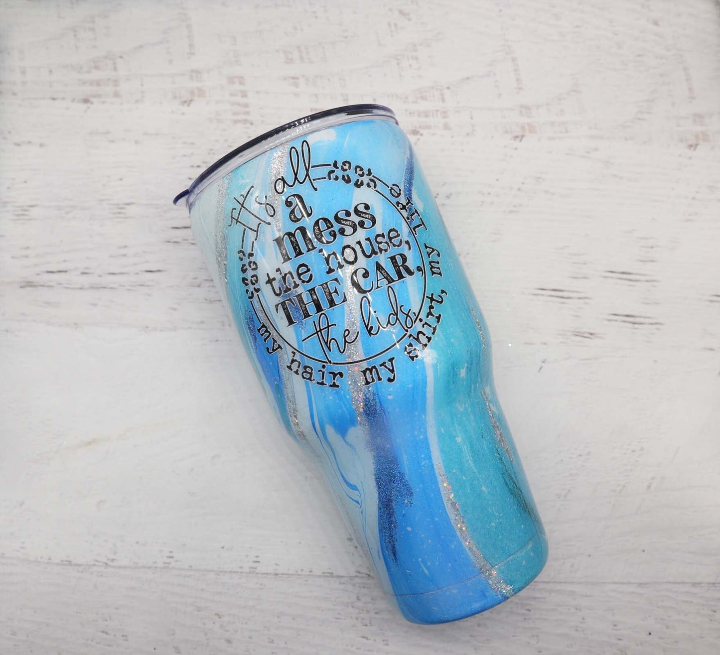 READY TO SHIP 30oz Blue swirl tumbler, tumbler for mom, hydro dipped blue glitter tumbler, gifts for mom, It's all a mess, funny mom tumbler