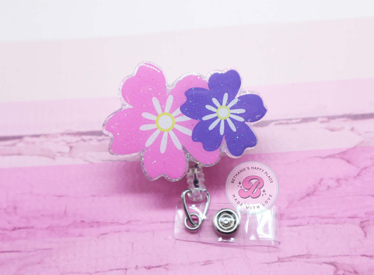 Flower badge reel, pink and purple flowers, flower badge holder, flower lanyard, badge reel nurse, ID holder, medical ID holder