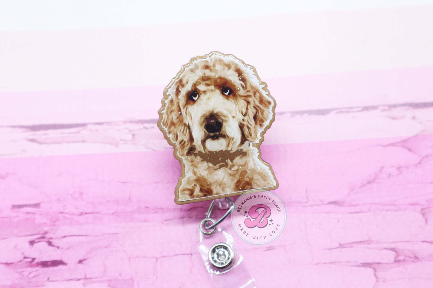 Goldendoodle badge holder, goldendoodle gifts, dog badge reel, puppy badge reel, nurse badge reel, badge clip, retractable badge reel