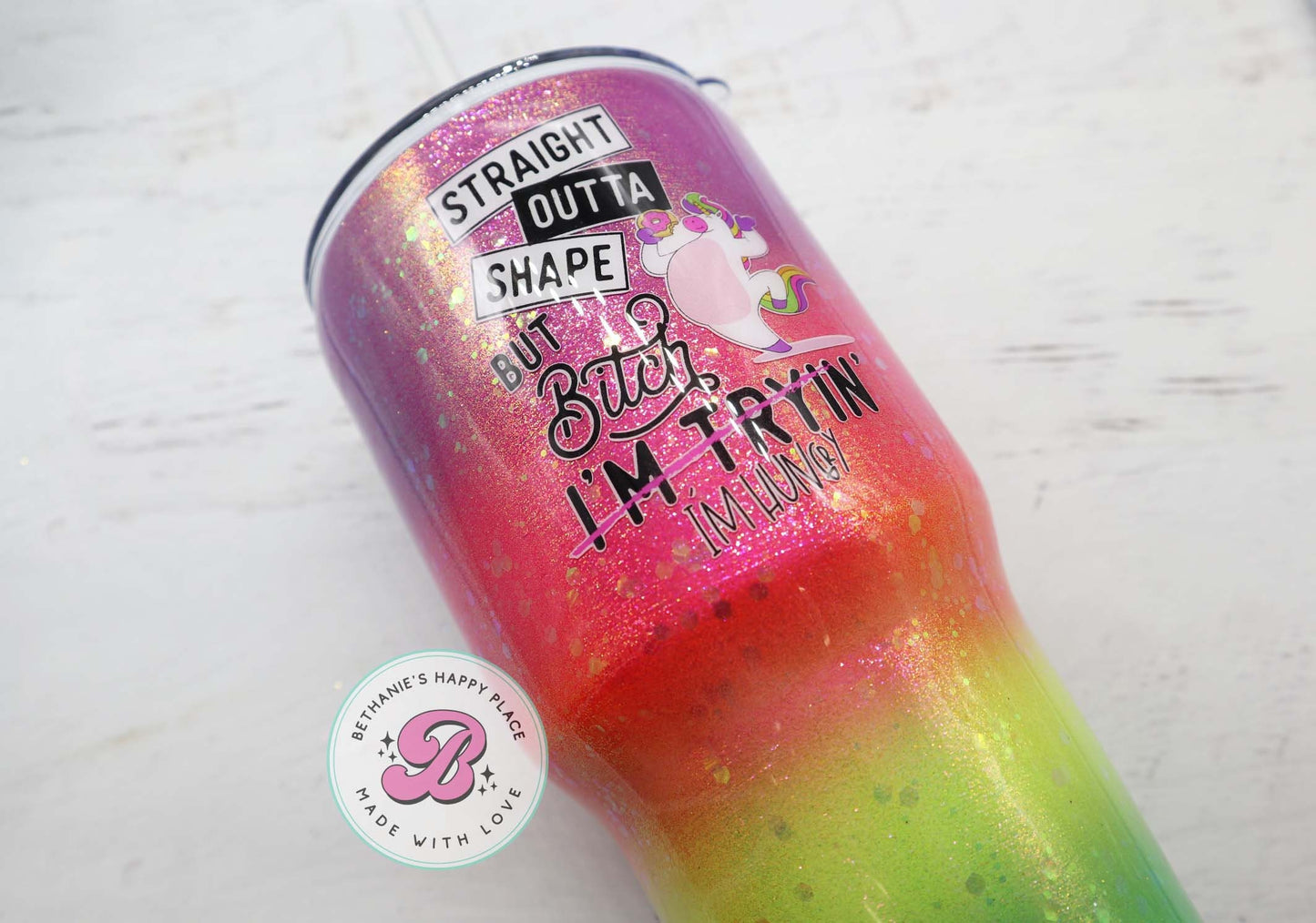 READY TO SHIP 30oz funny rainbow glitter tumbler - funny workout gifts - rainbow unicorn glitter tumbler - straight outta shape