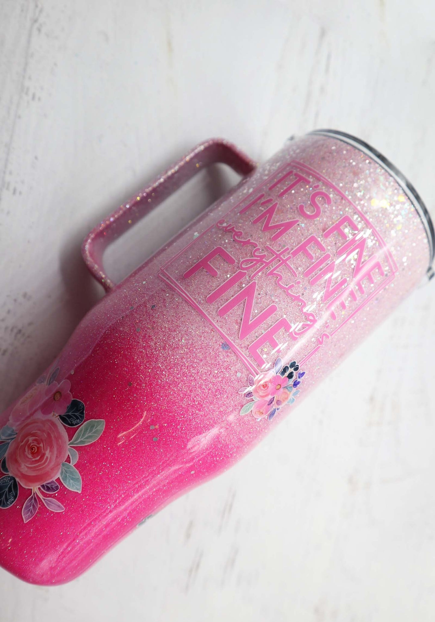 READY TO SHIP 24oz with handle pink floral glitter tumbler, pink ombre rose glitter tumbler, it's fine, i'm fine, everything's fine