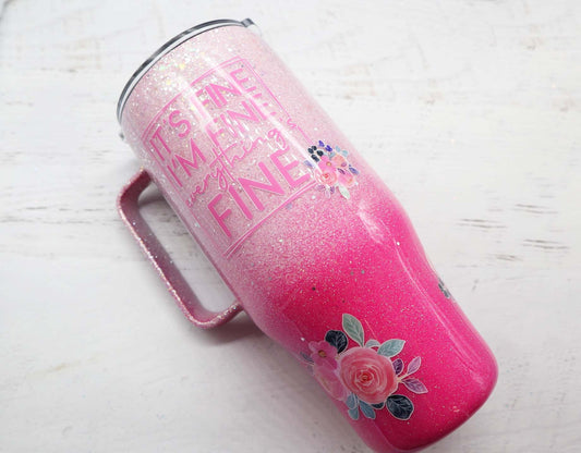 READY TO SHIP 24oz with handle pink floral glitter tumbler, pink ombre rose glitter tumbler, it's fine, i'm fine, everything's fine