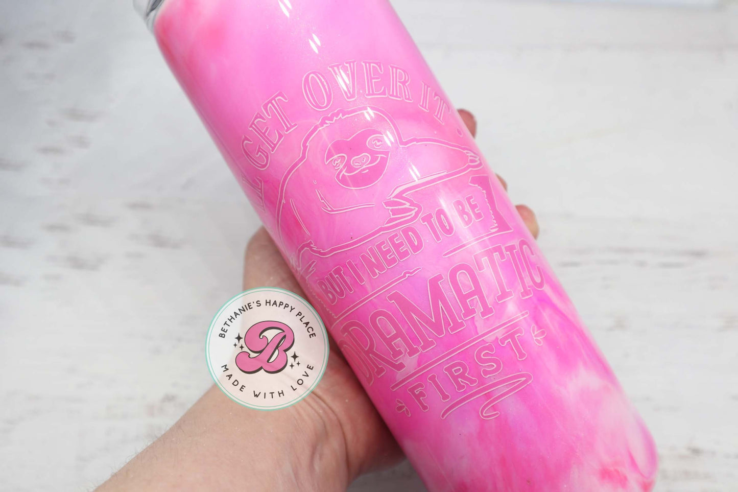 READY TO SHIP 20oz pink marble sloth glitter tumbler, dramatic sloth, sloth tumbler, pink ink tumbler, pink marble travel cup, sloth gifts