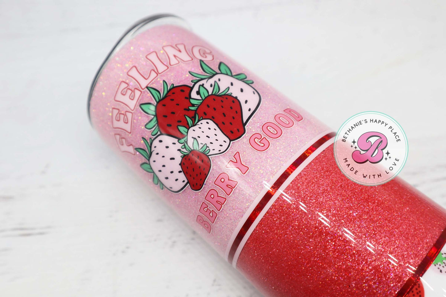 READY TO SHIP 20oz strawberry glitter tumbler, personalized glitter tumbler, strawberry gifts, feeling berry good