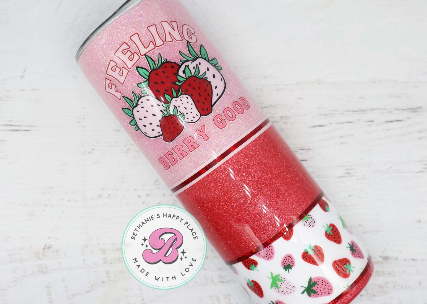 READY TO SHIP 20oz strawberry glitter tumbler, personalized glitter tumbler, strawberry gifts, feeling berry good