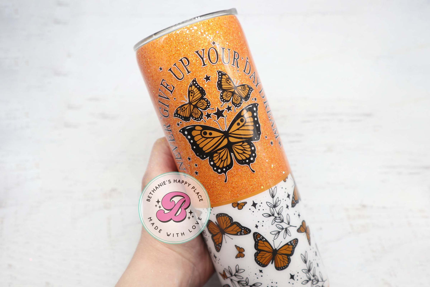 READY TO SHIP 20oz monarch butterfly glitter tumbler, butterfly gifts, never give up your daydream,  butterfly travel cup