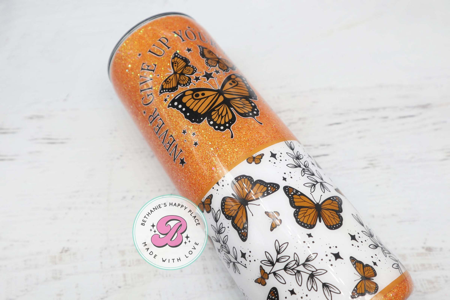 READY TO SHIP 20oz monarch butterfly glitter tumbler, butterfly gifts, never give up your daydream,  butterfly travel cup