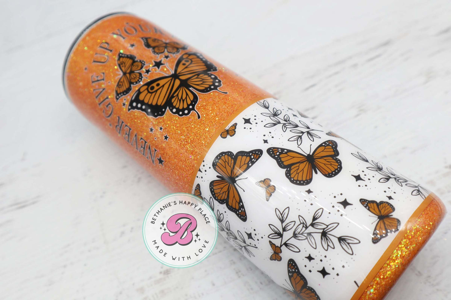 READY TO SHIP 20oz monarch butterfly glitter tumbler, butterfly gifts, never give up your daydream,  butterfly travel cup