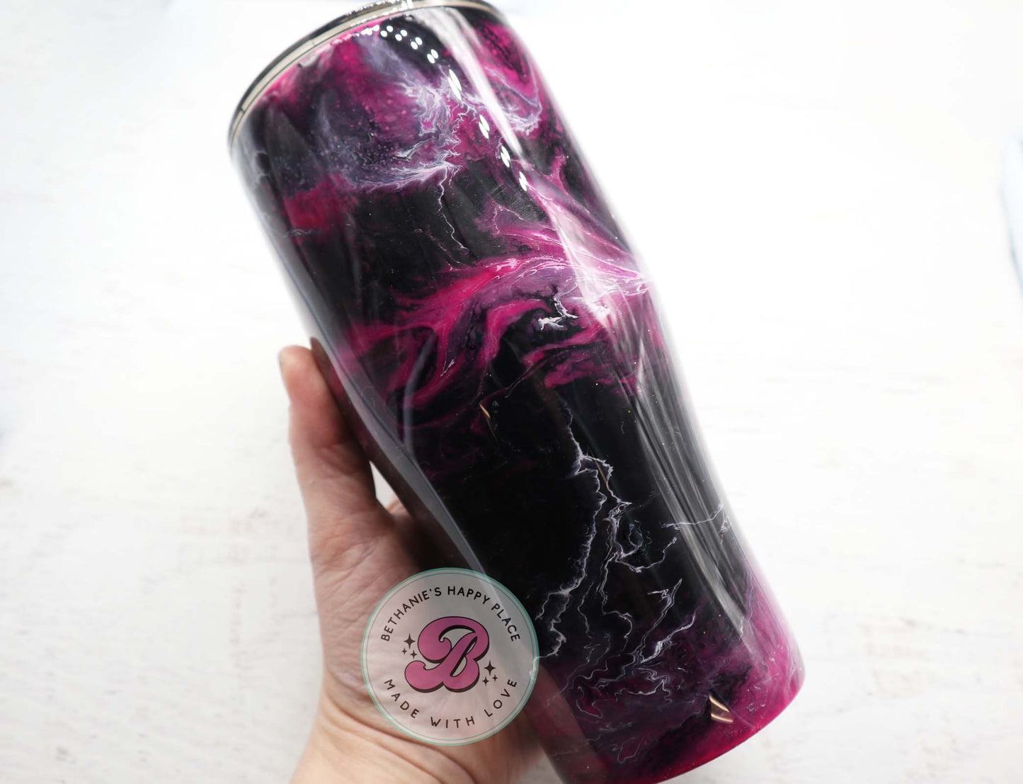 READY TO SHIP 24oz pink and black marble tumbler, alcohol ink tumbler, custom tumbler, travel cup, swirl tumbler