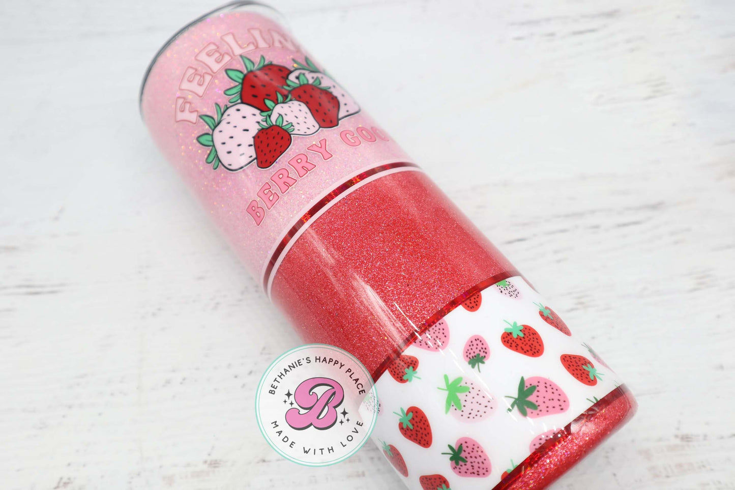 READY TO SHIP 20oz strawberry glitter tumbler, personalized glitter tumbler, strawberry gifts, feeling berry good