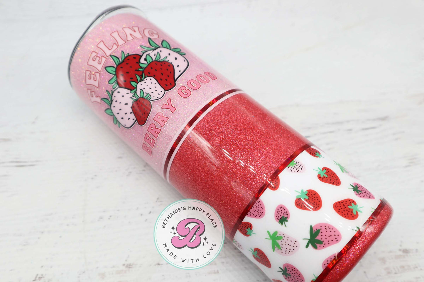 READY TO SHIP 20oz strawberry glitter tumbler, personalized glitter tumbler, strawberry gifts, feeling berry good