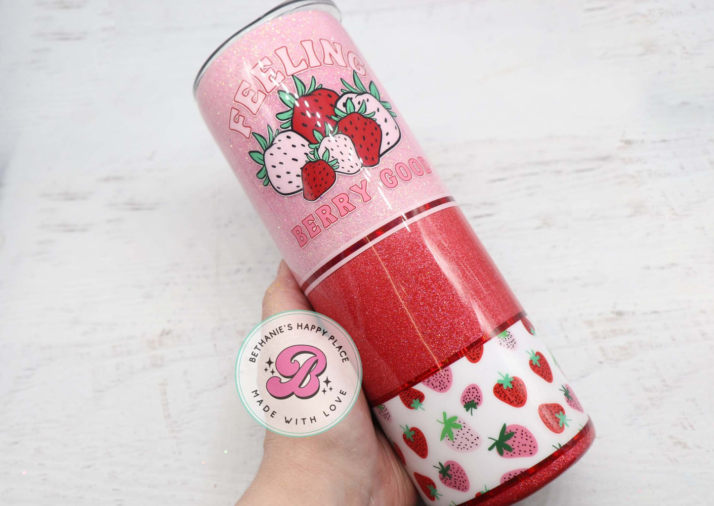 READY TO SHIP 20oz strawberry glitter tumbler, personalized glitter tumbler, strawberry gifts, feeling berry good