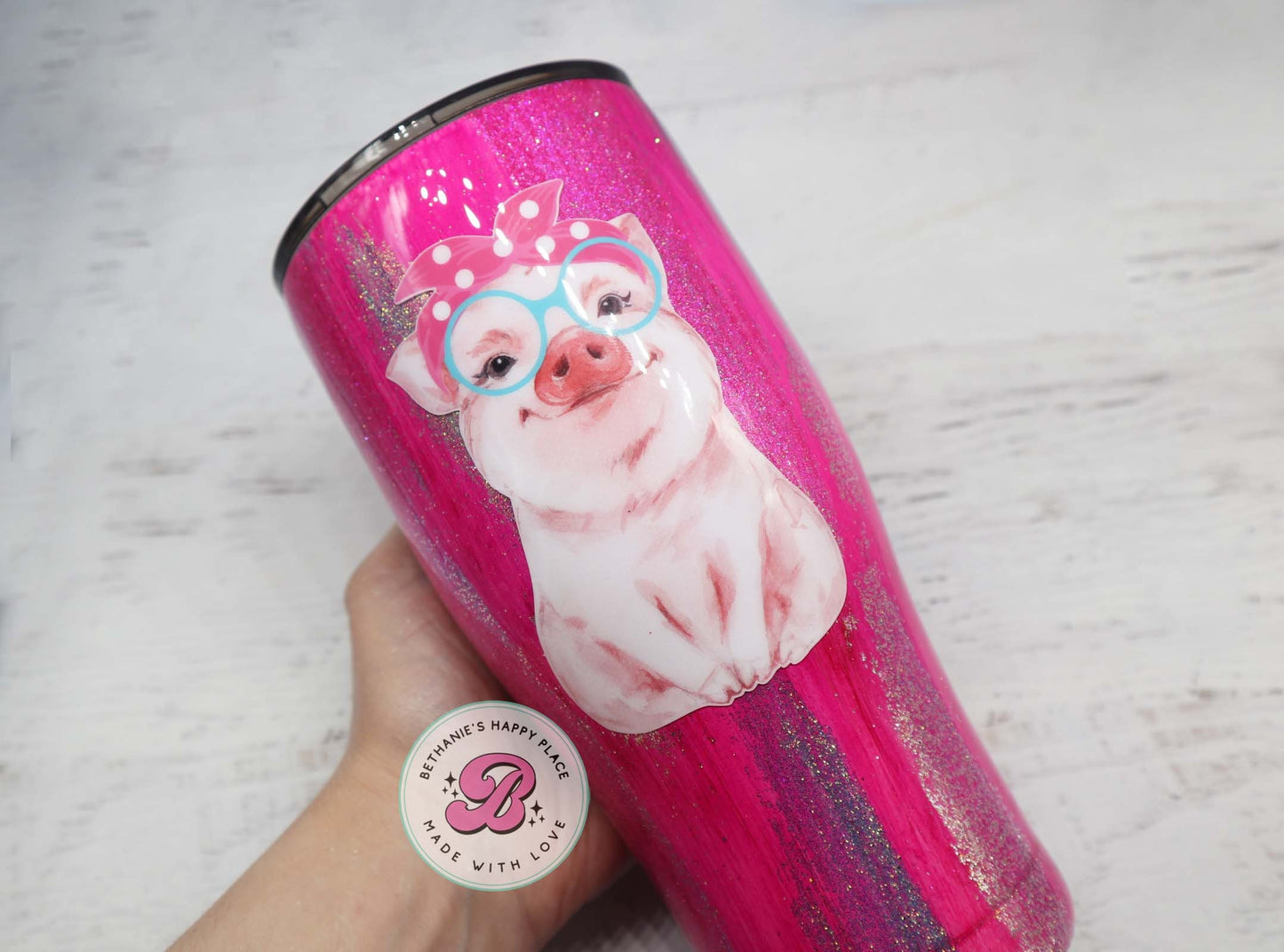 READY TO SHIP 24oz pig tumbler, pink pig glitter tumbler, personalized glitter tumbler, pig gifts, gifts for her, pig travel cup