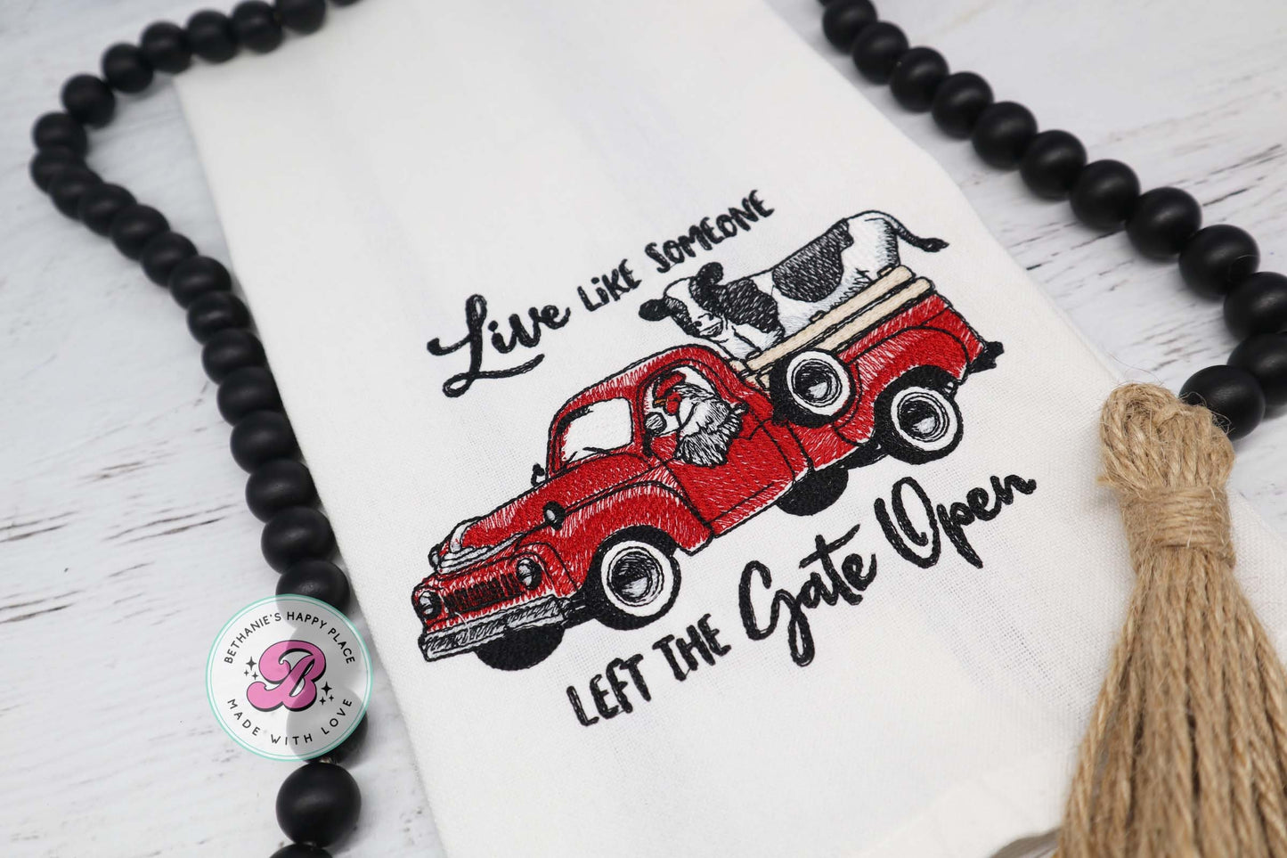 Live like someone left the gate open, farm animal kitchen towel, farm dish cloth, farm truck towel, farmhouse kitchen decor, cow towel