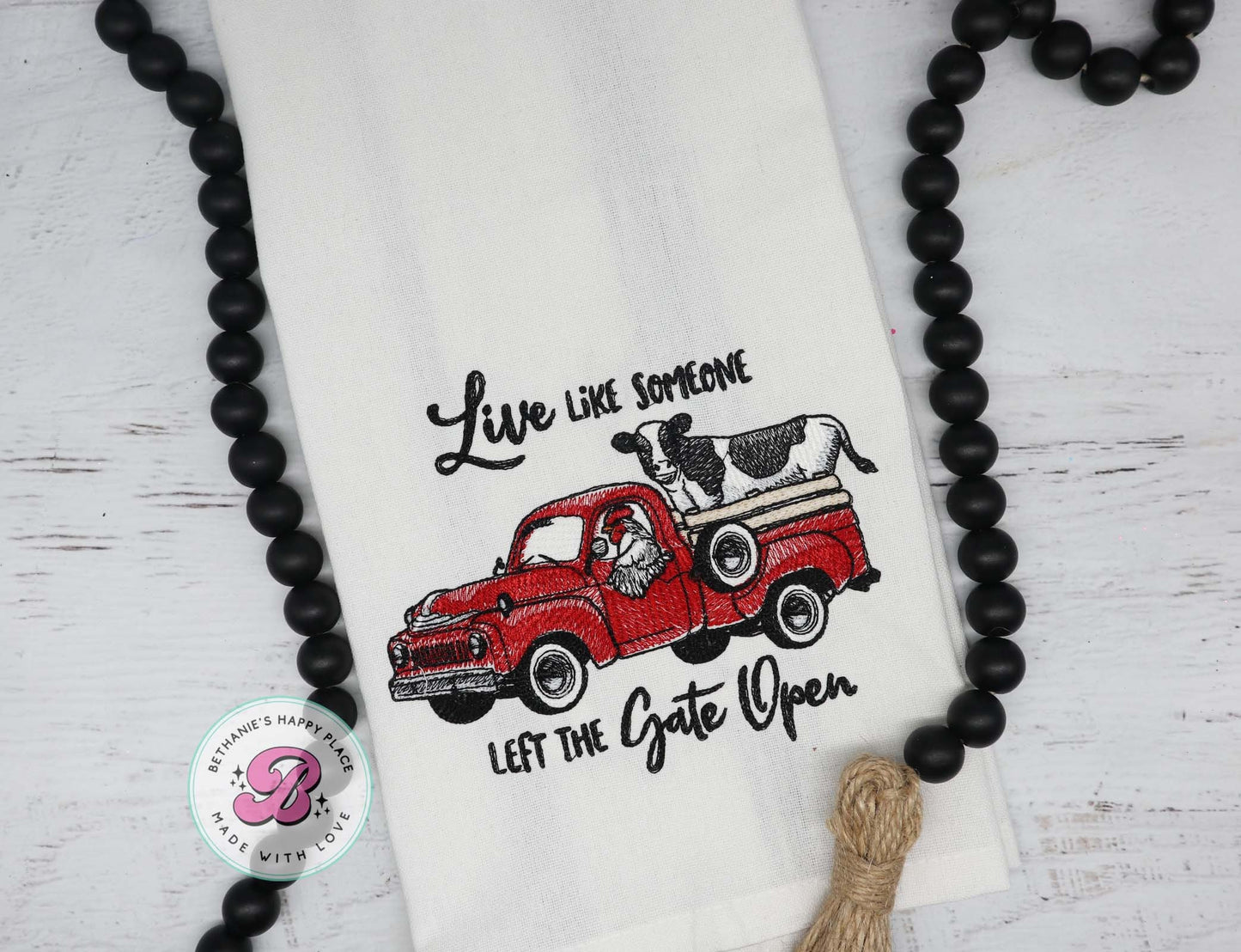 Live like someone left the gate open, farm animal kitchen towel, farm dish cloth, farm truck towel, farmhouse kitchen decor, cow towel