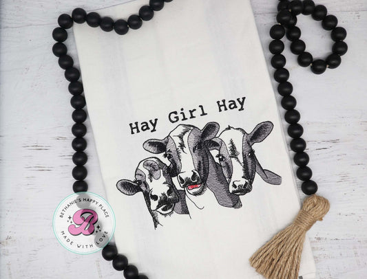 Cow trio kitchen towel, hay girl hay, funny farm kitchen towel, cow dish cloth, cow gifts, farmhouse decor, funny cow towel, cow decor