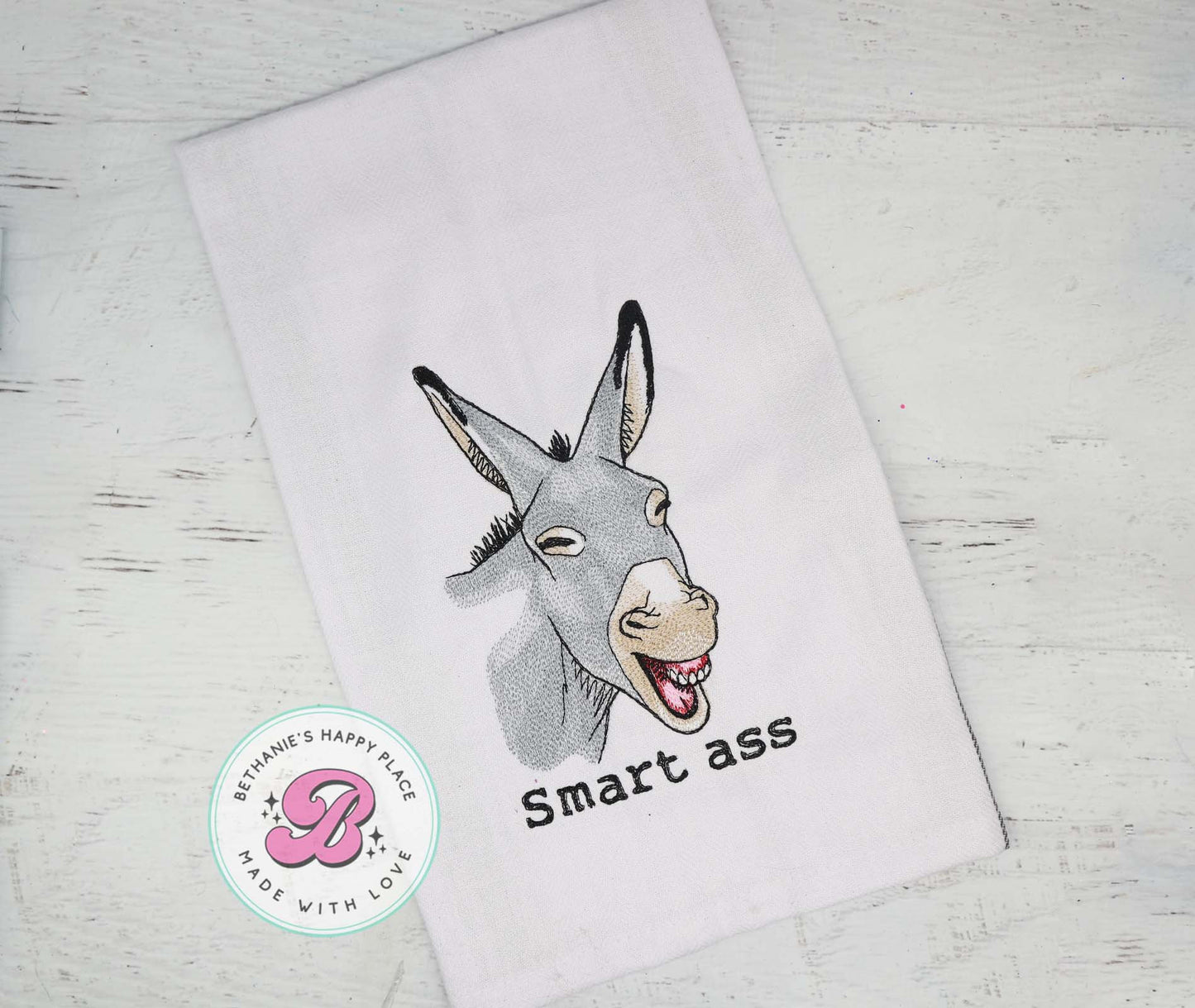 Funny kitchen towel, smart ass donkey kitchen towel, embroidered towel, kitchen gifts, funny gifts, donkey gifts, dish towel