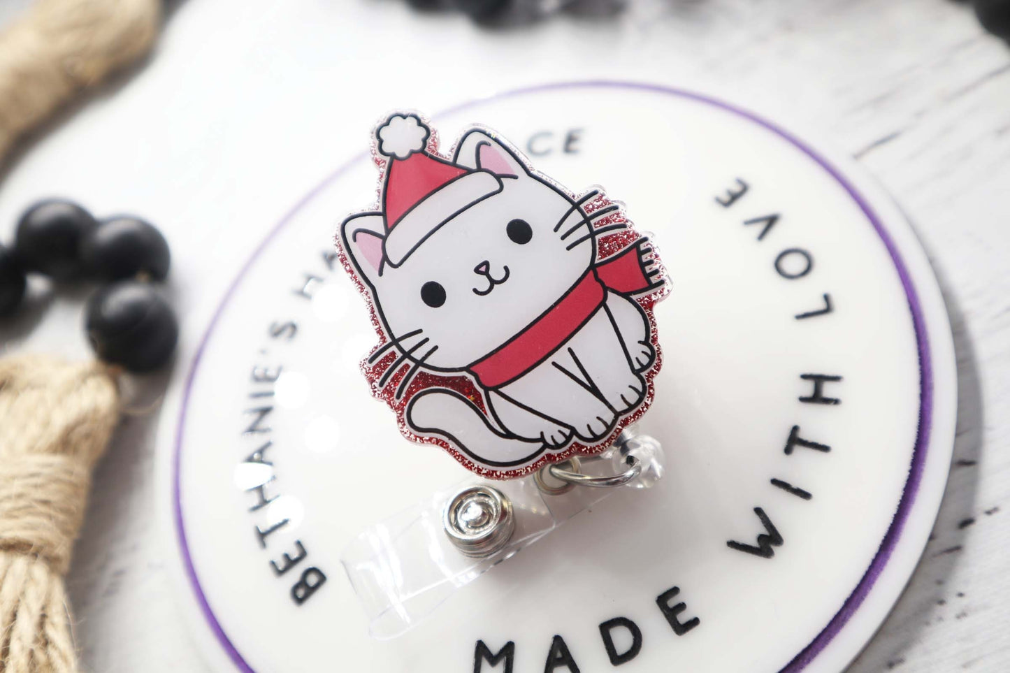 Christmas cat badge reel, cat badge holder, Christmas badge clip, cat with Santa hat, Christmas gifts, Christmas cat acrylic badge reel