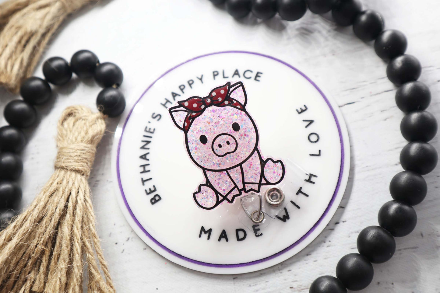 Pig acrylic badge reel, pig with bandana, pig badge holder, badge reel nurse, glitter pig badge clip, cute pig gifts, Christmas gifts