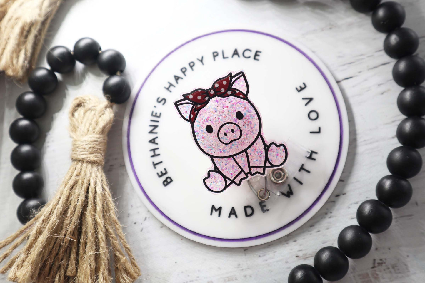 Pig acrylic badge reel, pig with bandana, pig badge holder, badge reel nurse, glitter pig badge clip, cute pig gifts, Christmas gifts