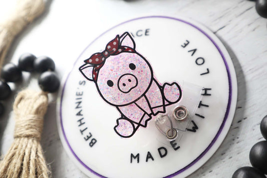 Pig acrylic badge reel, pig with bandana, pig badge holder, badge reel nurse, glitter pig badge clip, cute pig gifts, Christmas gifts