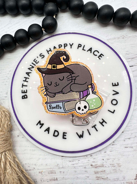 Halloween cat badge reel, cat witch, Halloween badge holder, retractable ID holder, badge reel nurse, Halloween badge clip, cat badge reel