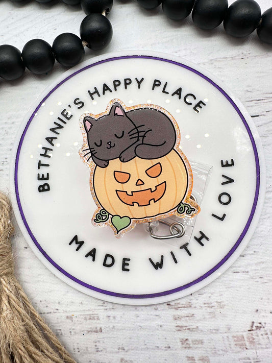 Pumpkin cat badge reel, Halloween cat badge reel, Halloween badge holder, black cat badge reel, medical ID badge holder, nurse badge reel