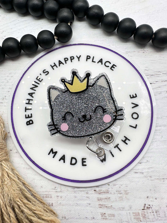 Princess kitty badge reel, princess cat badge holder, cat badge holder, cat gifts, veterinarian badge clip, medical ID holder nurse