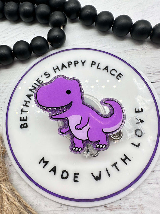 Purple dino retractable badge reel, RN key card holder, teacher ID holder, purple dinosaur, pediatrics, easy to clean acrylic