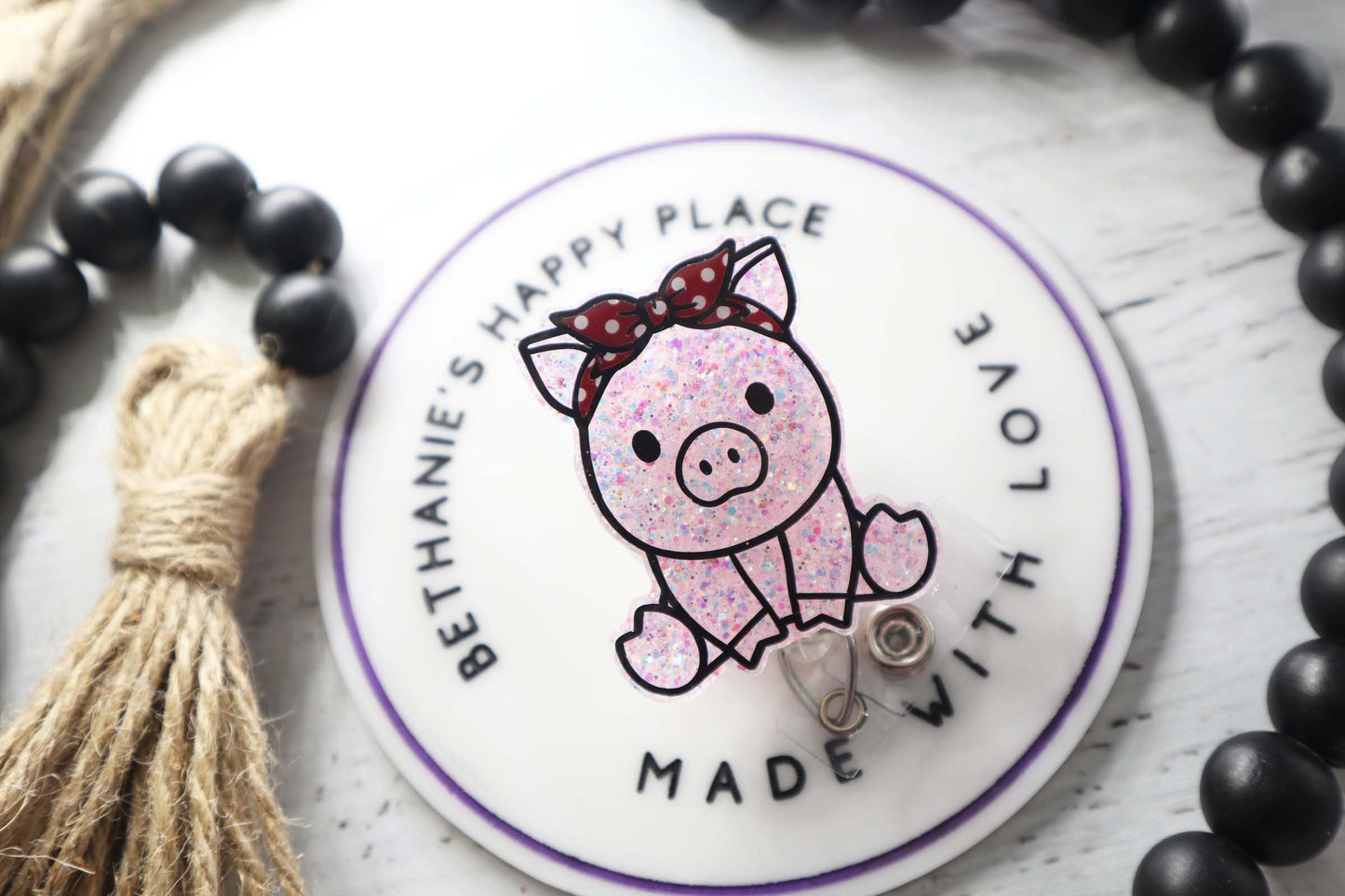 Pig acrylic badge reel, pig with bandana, pig badge holder, badge reel nurse, glitter pig badge clip, cute pig gifts, Christmas gifts