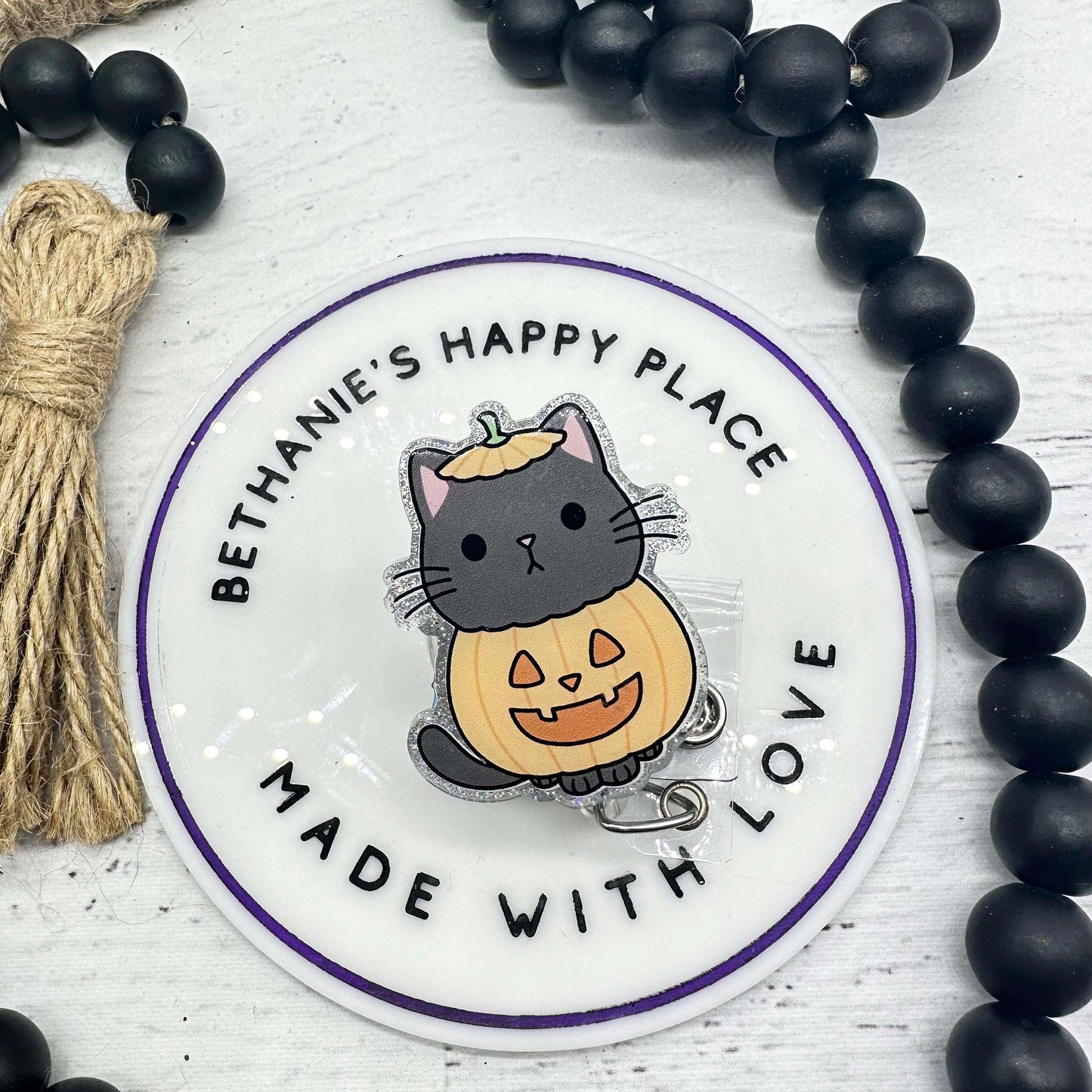 Cat pumpkin badge reel, cat pumpkin Halloween badge holder, pumpkin badge clip, Halloween gifts, Halloween lanyard, badge reel nurse