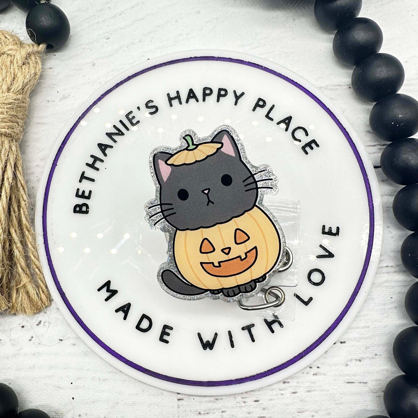 Cat pumpkin badge reel, cat pumpkin Halloween badge holder, pumpkin badge clip, Halloween gifts, Halloween lanyard, badge reel nurse