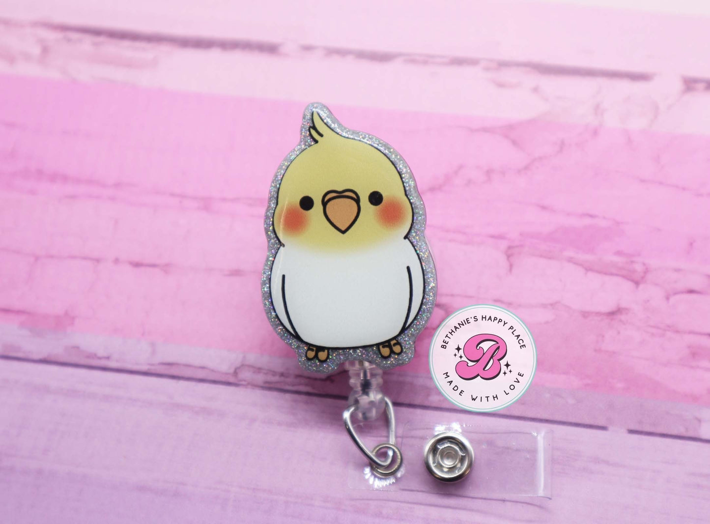 Cockatiel badge holder, cockatiel badge reel, bird badge reel, bird lanyard, cockatiel gifts, retractable ID holder, badge reel nurse