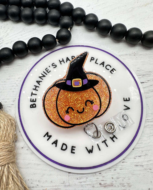 Pumpkin witch badge reel, Halloween pumpkin badge reel, pumpkin badge holder, witch hat badge clip, retractable Halloween lanyard