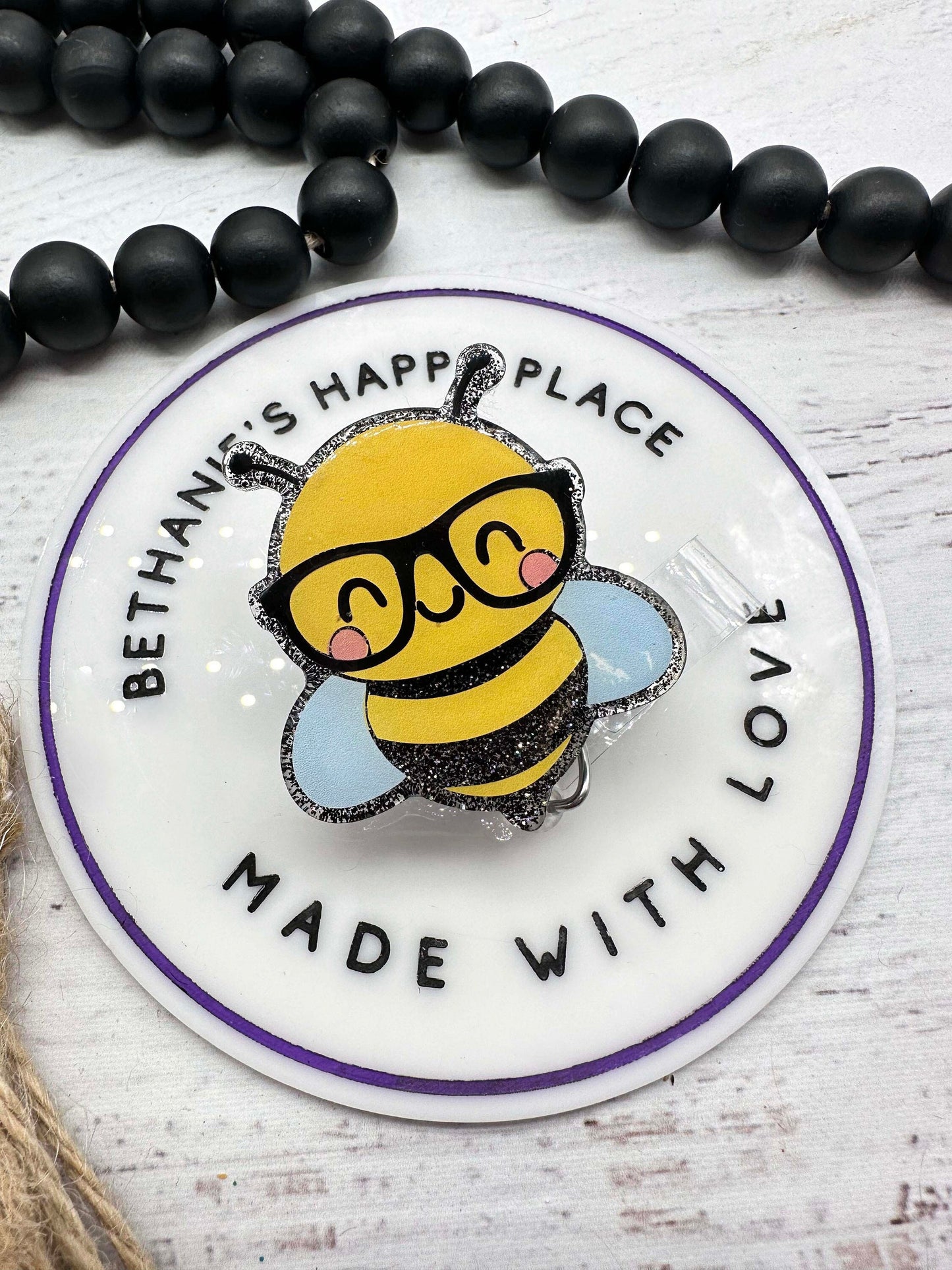 Bumblebee badge reel, geeky bumblebee badge holder, bee badge clip, bee with glasses, cute badge holder, retractable medical ID holder