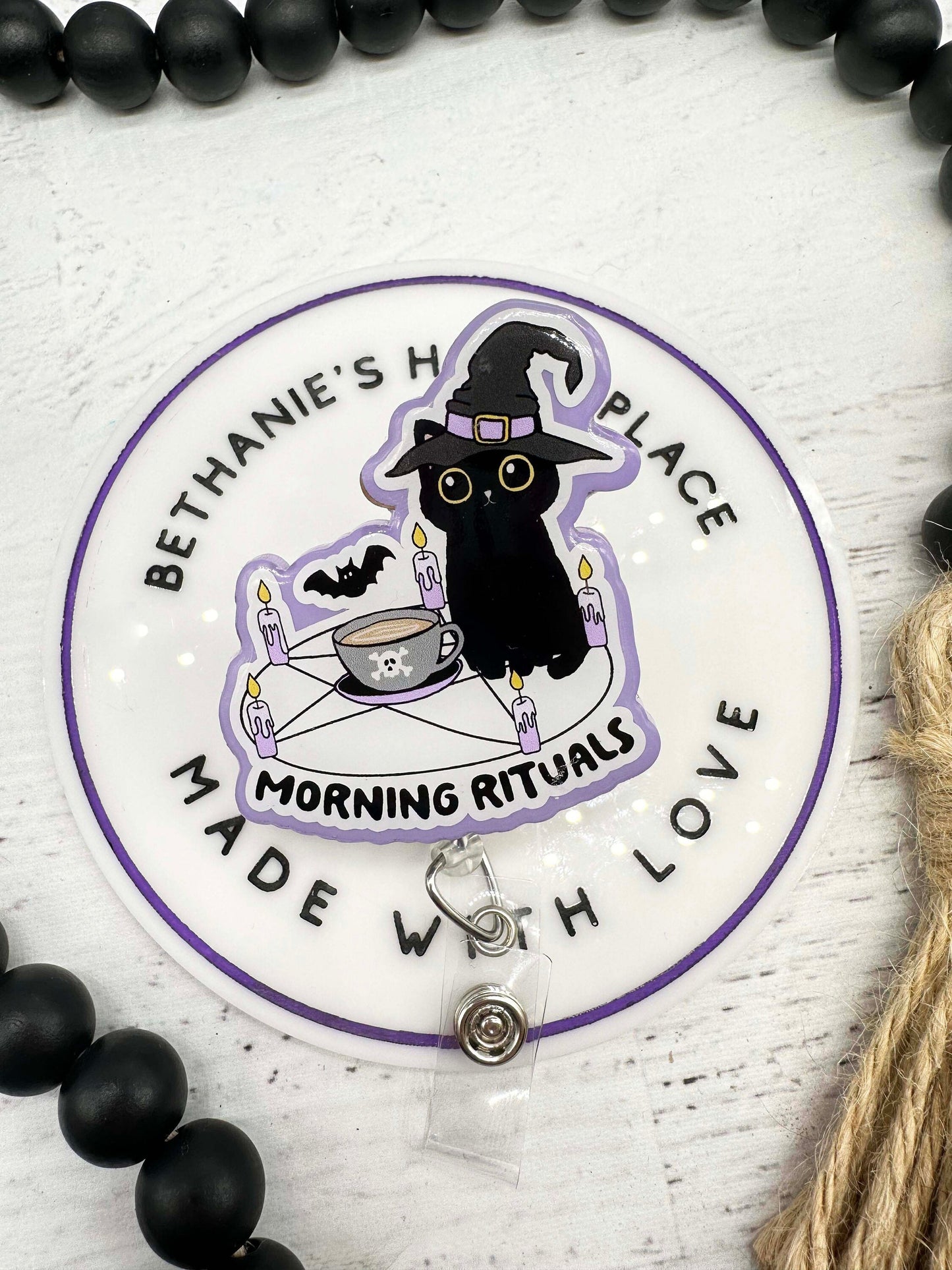 Black cat badge reel, morning ritual, cat coffee, Halloween badge reel, funny Halloween badge holder, badge clip nurse