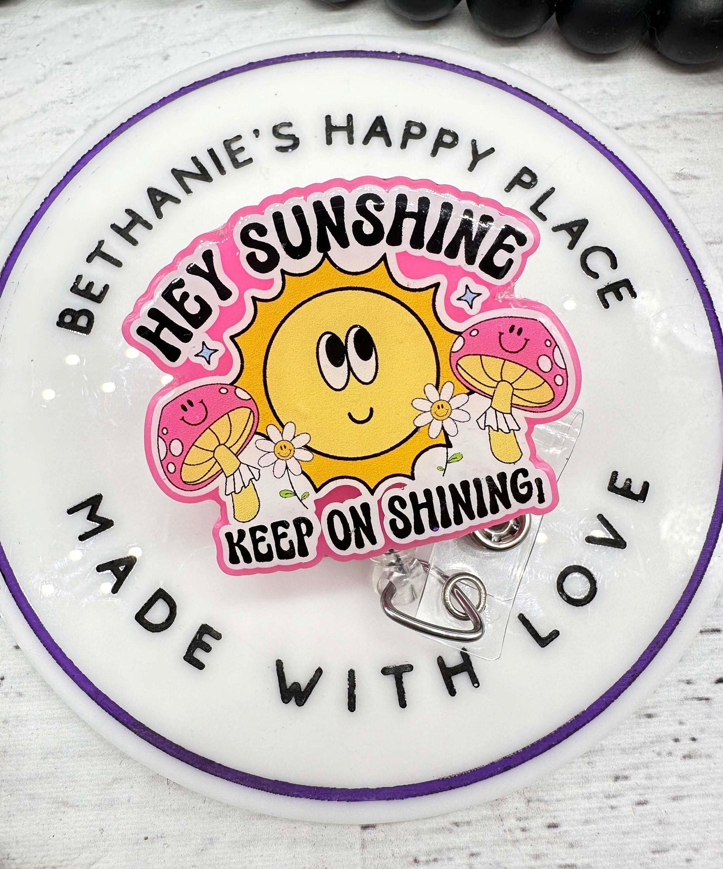 Keep on shining badge reel, sunshine badge reel, sun badge reel, positivity, motivational gifts, motivational badge holder