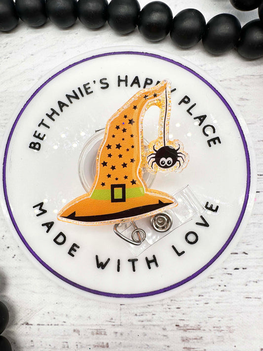 Witch hat badge reel, witch badge clip, Halloween badge reel, Halloween retractable badge clip, nurse badge reel, orange witch hat