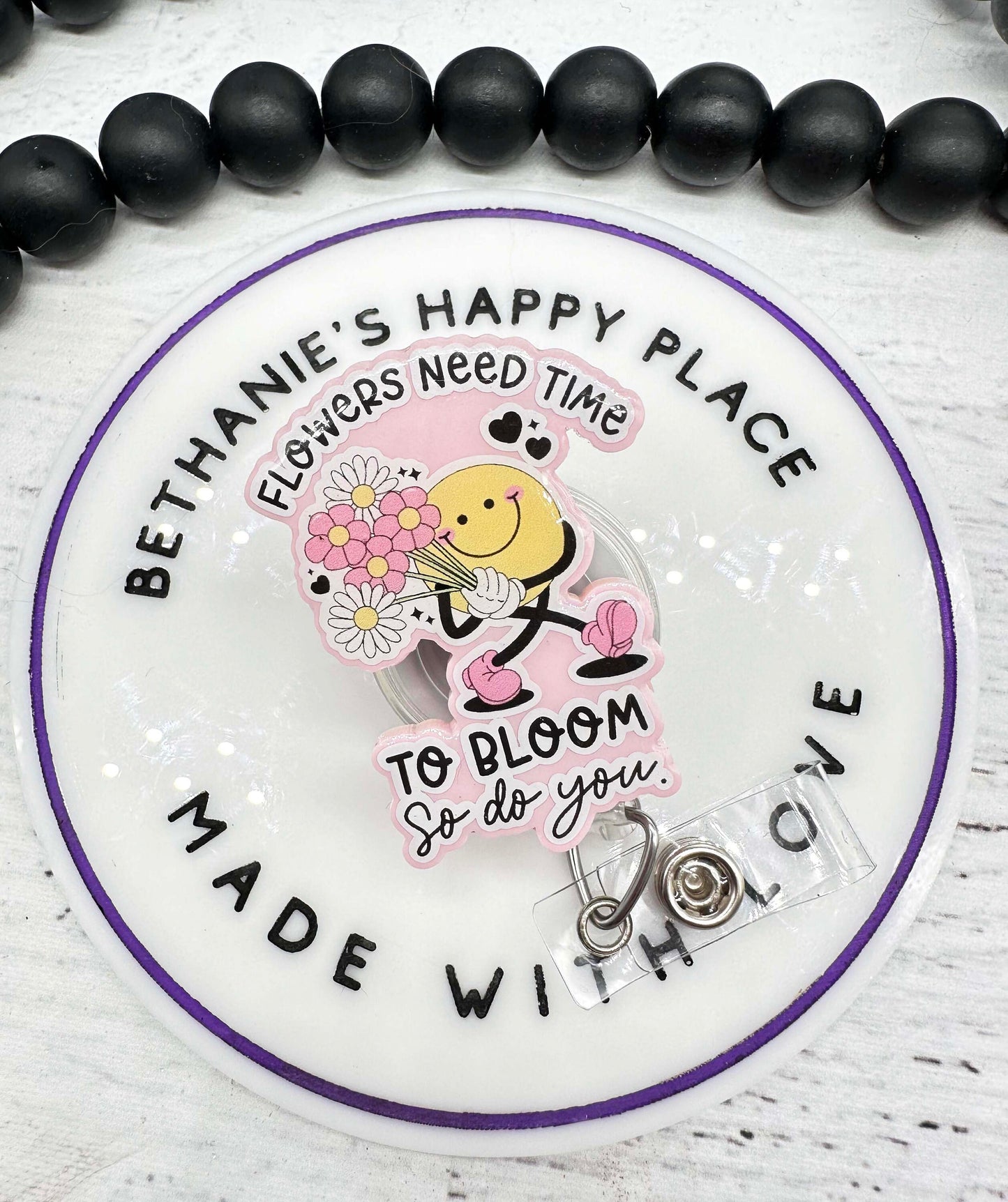 Motivational badge reel, flowers need time to bloom so do you, mental health badge holder, badge reel nurse, flowers ID holder