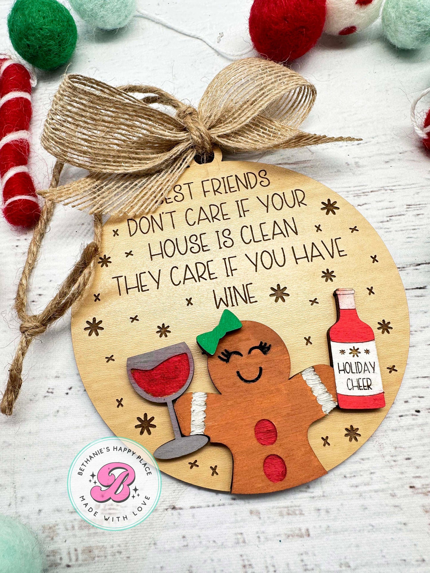 Best friend wine ornament, best friend Christmas gift, funny friend ornament, friend ornament, personalized gingerbread ornament