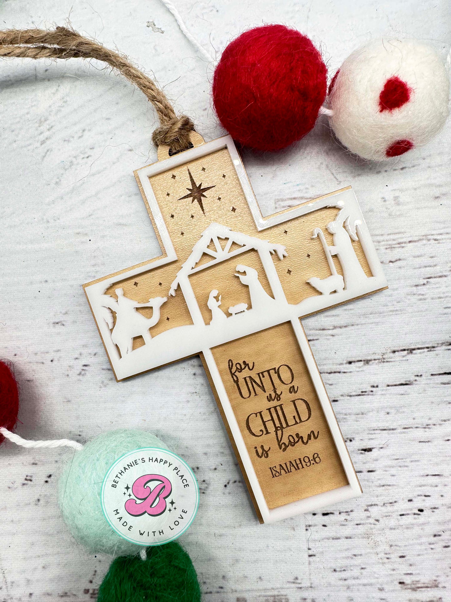 Christmas cross ornament, for unto us a child is born, religious Christmas ornament, religious Christmas gifts