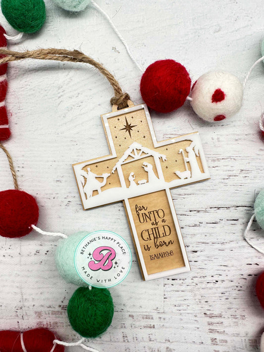 Christmas cross ornament, for unto us a child is born, religious Christmas ornament, religious Christmas gifts