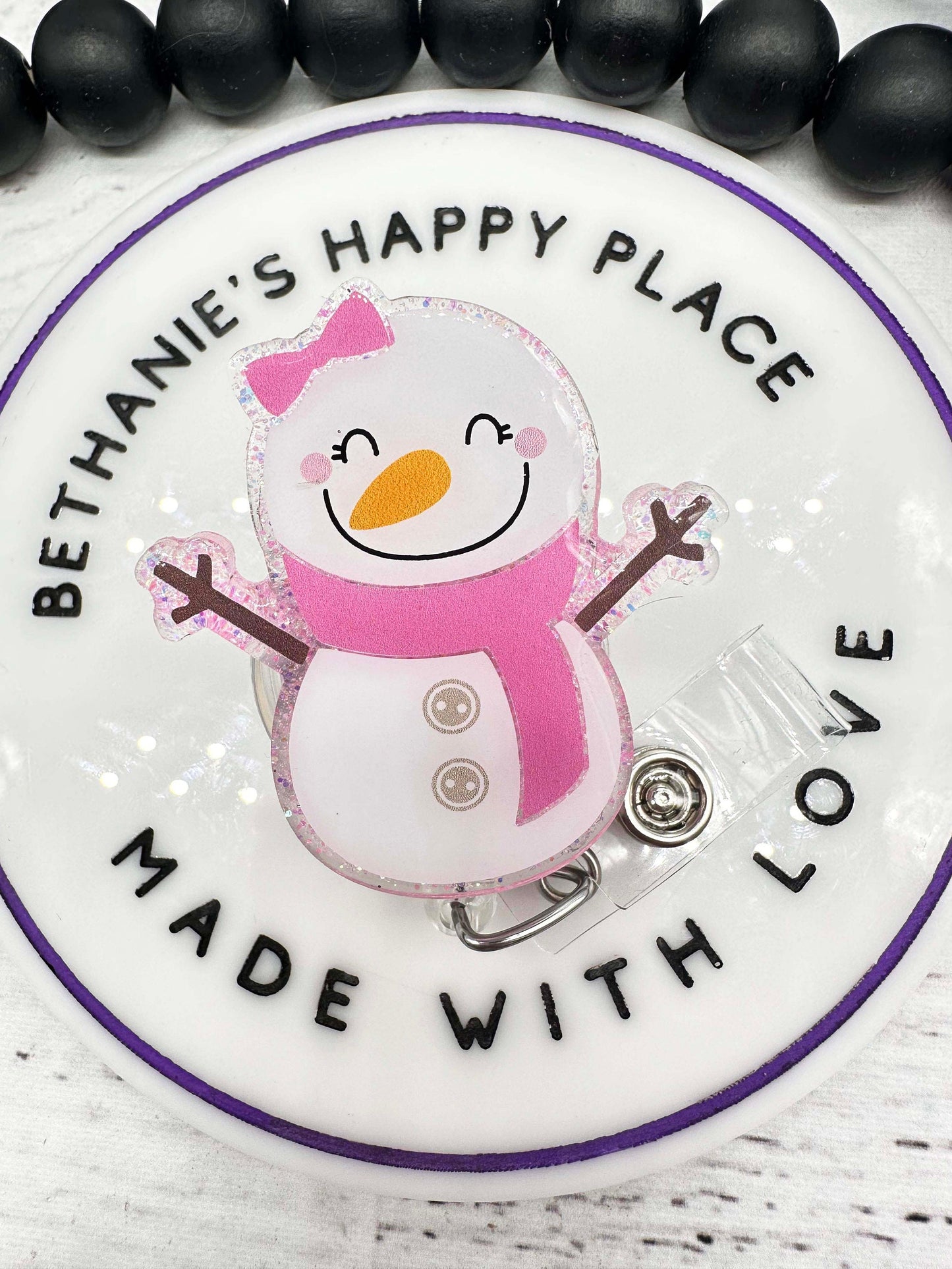 Snowman badge reel, pink snowman badge holder, snowgirl, acrylic badge topper, snowman gifts, Christmas, winter, ID holder